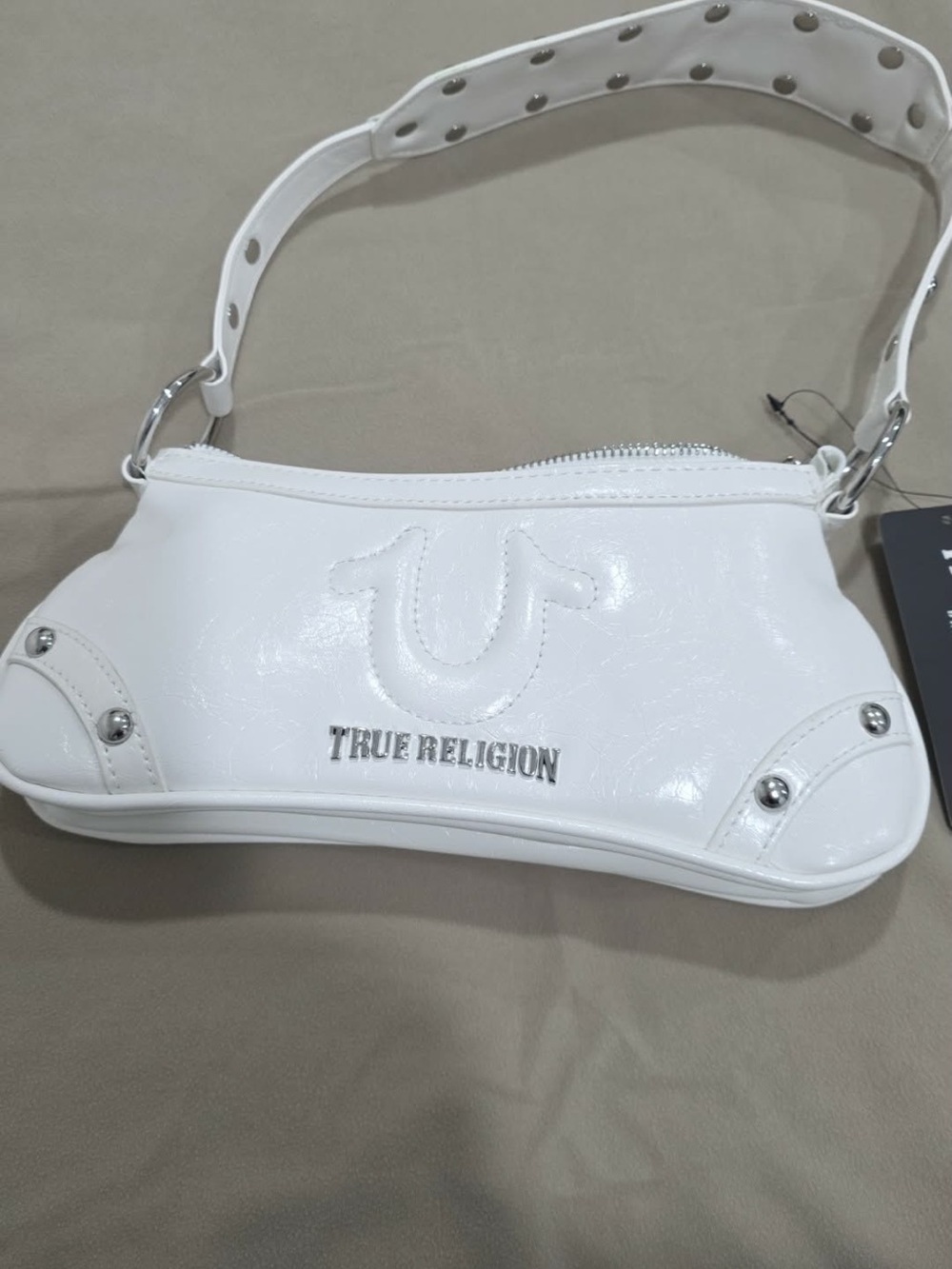True Religion White Shoulder Bag with Studded Strap